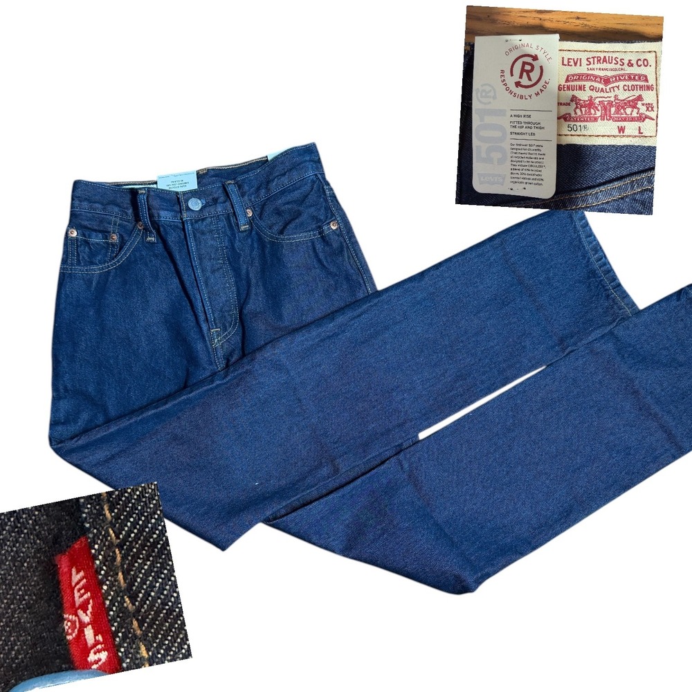 Levis 501 Original High Rise Straight Leg Jeans Dark Indigo Blue 24x32 NEW